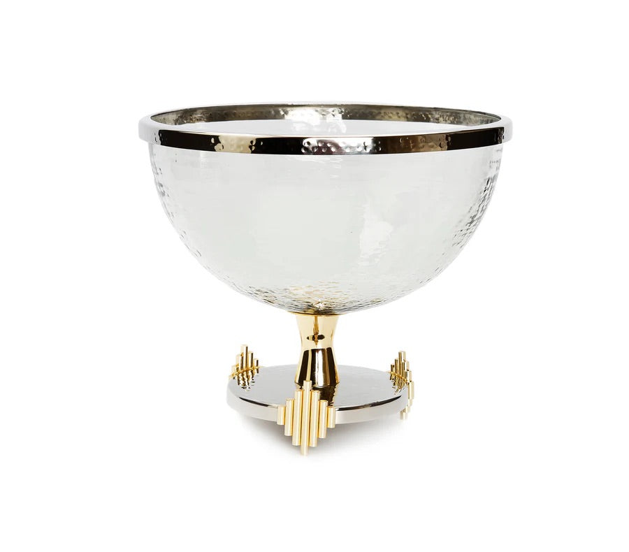 Stainless Steel Footed Glass Bowl w/ Gold Symmetrical Design