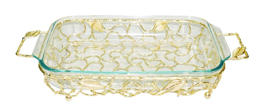 Rectangular Gold Handled Pyrex Holder with Leaf Design