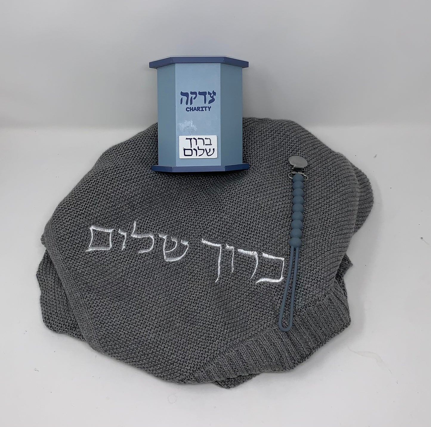 Grey knit blanket + Blue Pushka + Paci clip