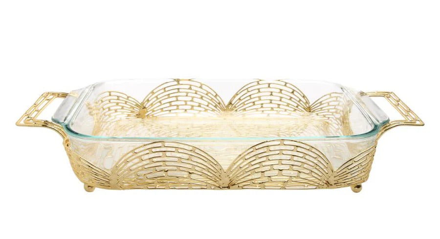 Rectangular Gold Handled Pyrex Holder with Brick Design