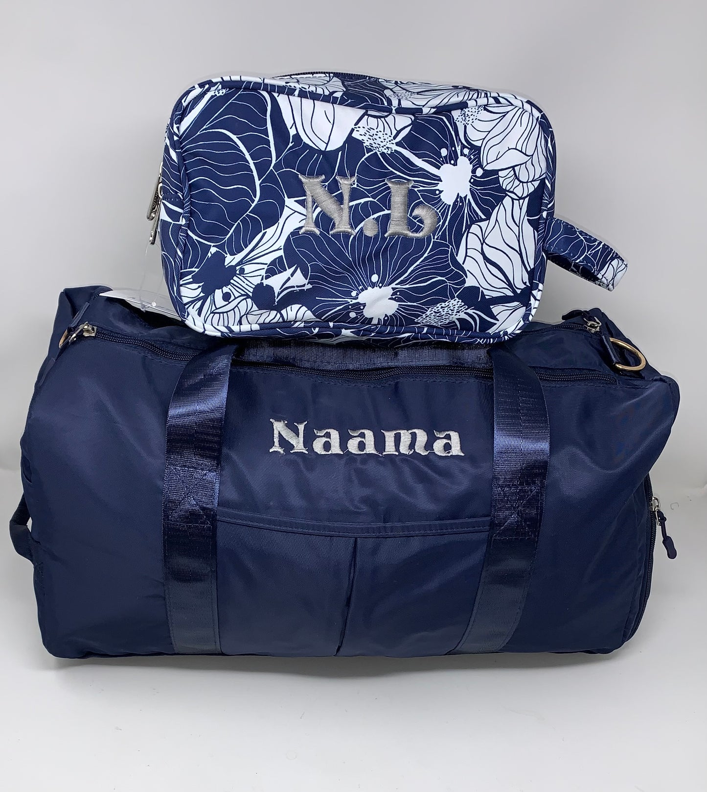 Duffle bag + large cosmetic bag, navy/floral
