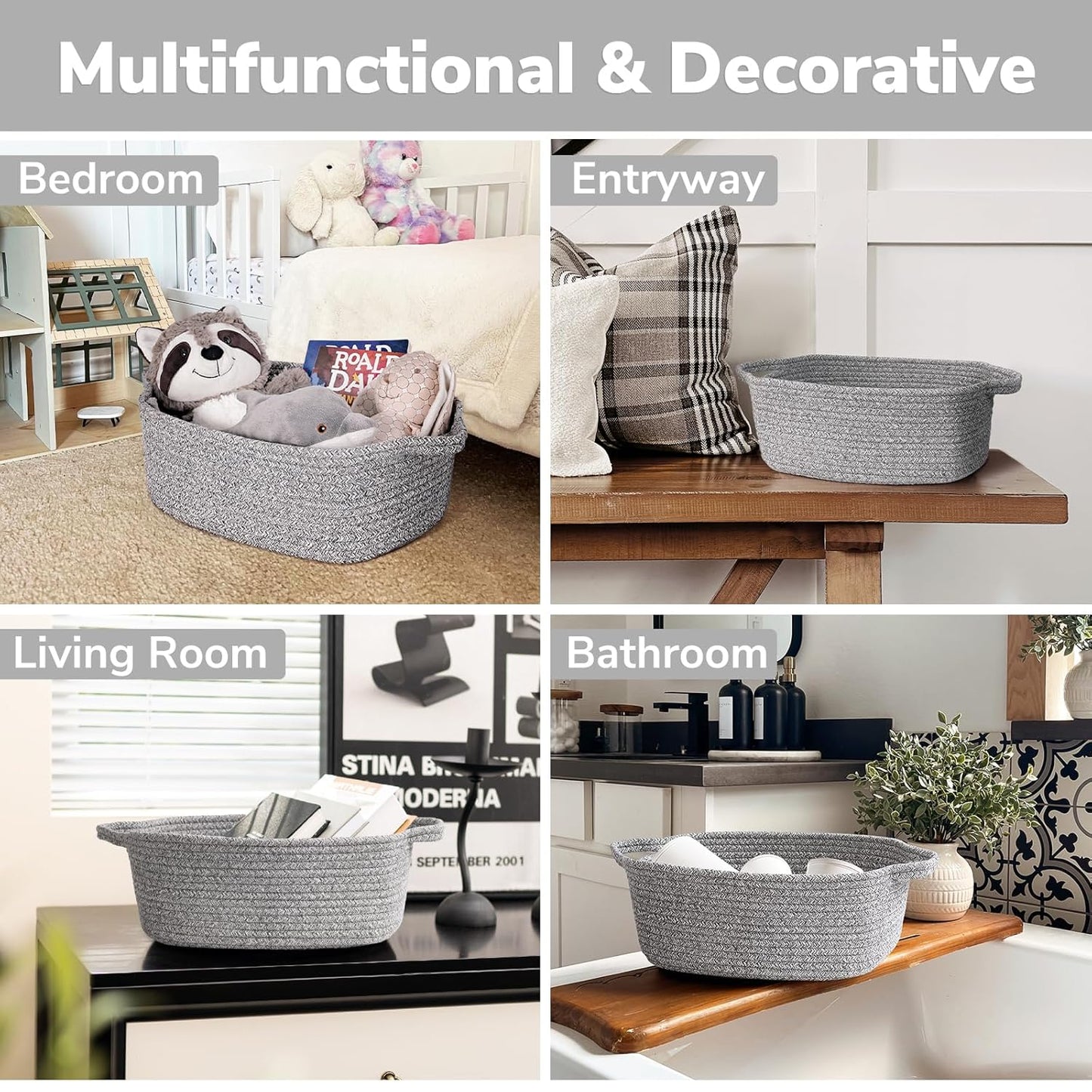 CHICVITA Storage Baskets for Gifts Empty, Gift Basket for Christmas, Small Woven Burr Basket for Towels Baby Toys, Decorative Rope Baskets for Nursery Living Room, Grey, 13 x 9.8 x 5 inches