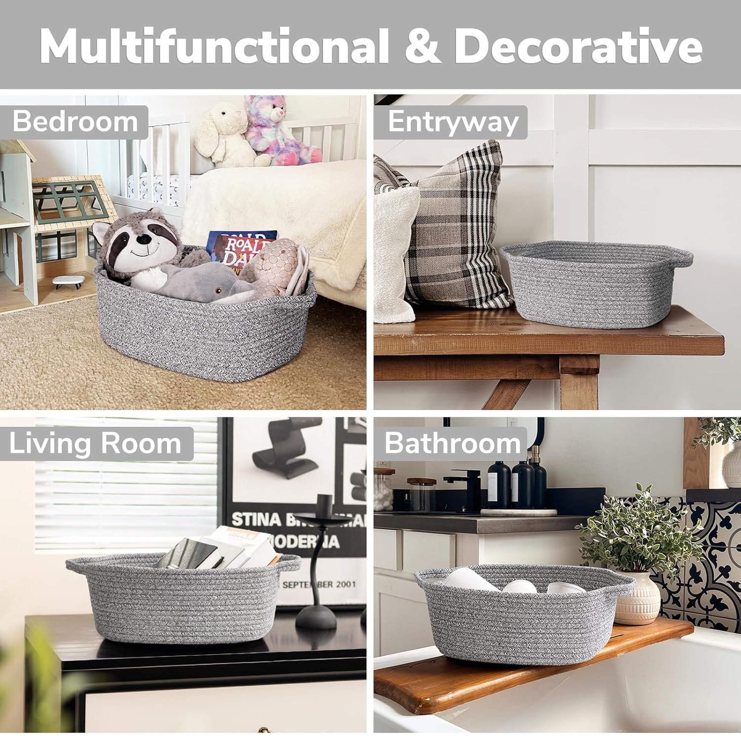 CHICVITA Storage Baskets for Gifts Empty, Gift Basket for Christmas, Small Woven Burr Basket for Towels Baby Toys, Decorative Rope Baskets for Nursery Living Room, Grey, 13 x 9.8 x 5 inches