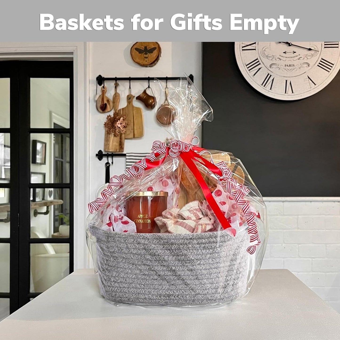 CHICVITA Storage Baskets for Gifts Empty, Gift Basket for Christmas, Small Woven Burr Basket for Towels Baby Toys, Decorative Rope Baskets for Nursery Living Room, Grey, 13 x 9.8 x 5 inches