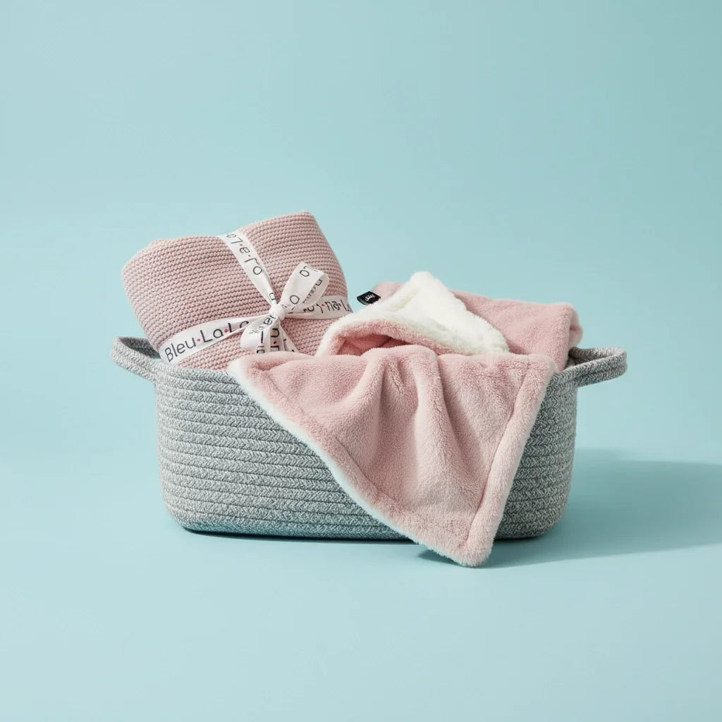 Deluxe Baby Blanket Set with Organic knit & Gift Basket with personalization